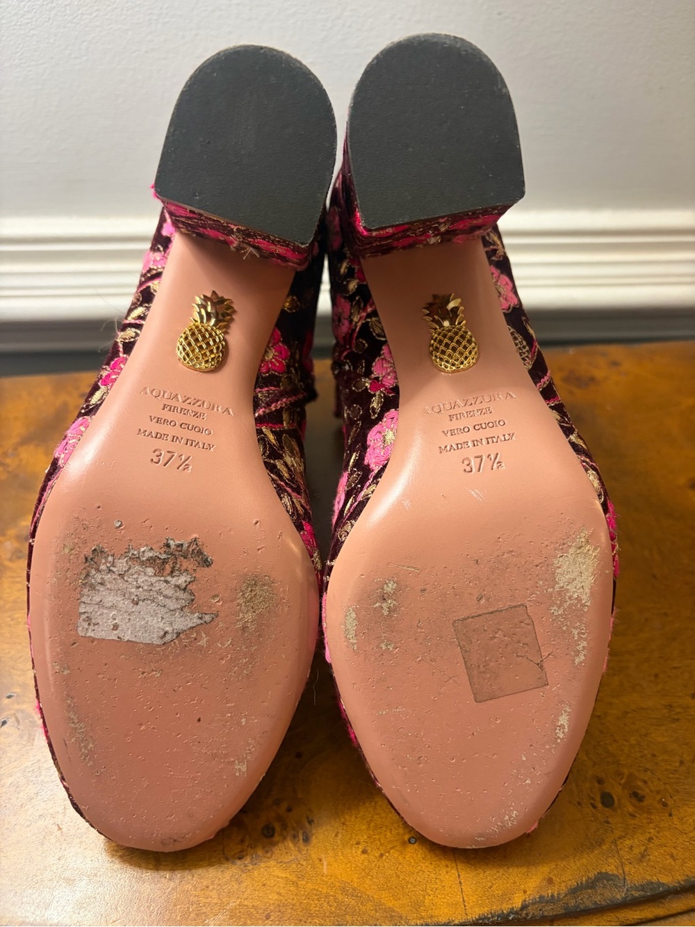 Aquazzura Floral Embroidered Velvet Ankle Boots - Pink on Burgundy - Picture 5 of 5